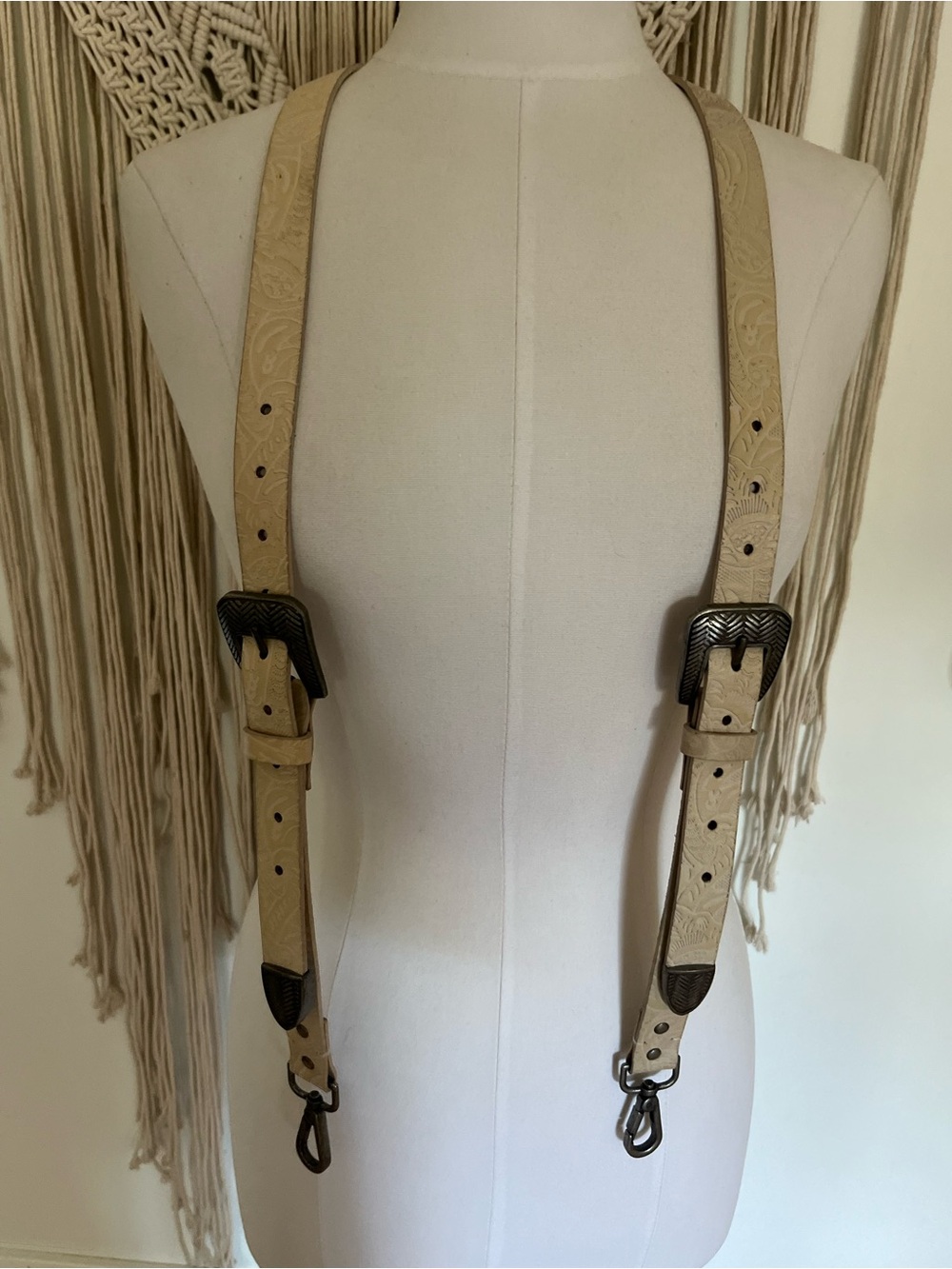 Free People Cream Tooled Leather Suspenders with Antique Buckles